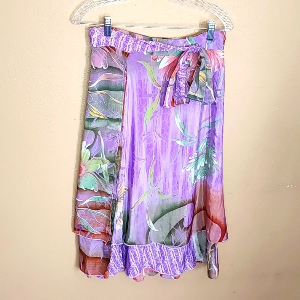 Jovani Purple Silk Wrap Floral Multicolor Lightweight Midi Skirt MEDIUM